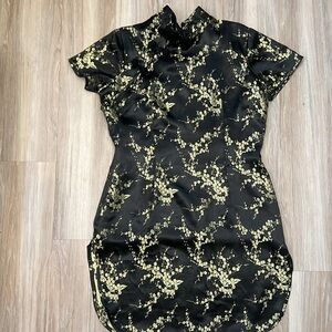 Asian Cheongsam Qipao Style Black Gold Brocade dress Satin Embroidered Brocade
